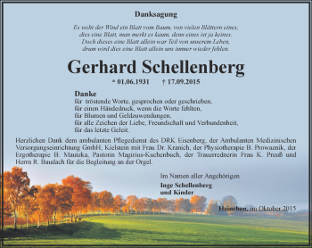 Traueranzeige von Gerhard Schellenberg von Ostthüringer Zeitung