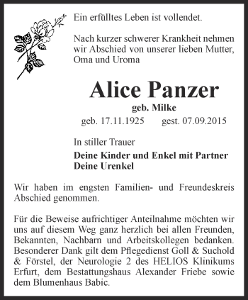 Traueranzeige von Alice Panzer