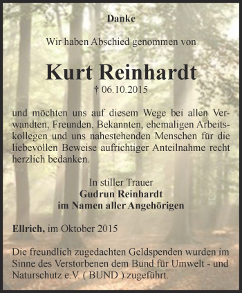 Traueranzeige von Kurt Reinhardt von Thüringer Allgemeine