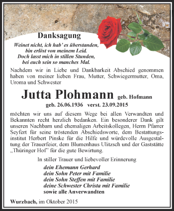 Traueranzeige von Jutta Plohmann von Ostthüringer Zeitung