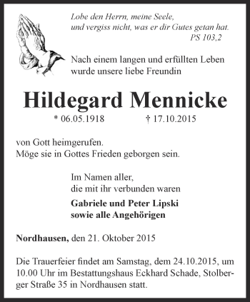 Traueranzeige von Hildegard Mennicke von Thüringer Allgemeine