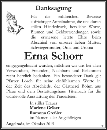 Traueranzeige von Erna Schorr von Thüringer Allgemeine