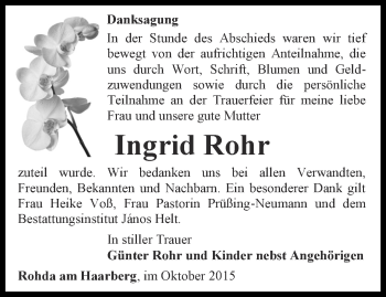 Traueranzeige von Ingrid Rohr von Thüringer Allgemeine, Thüringische Landeszeitung