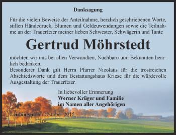 Traueranzeige von Gertrud Möhrstedt von Thüringer Allgemeine