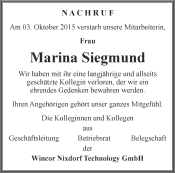 Traueranzeige von Marina Siegmund von Thüringer Allgemeine