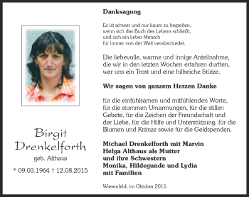 Traueranzeige von Birgit Drenkelforth von Thüringer Allgemeine