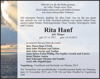 Traueranzeige von Rita Hanf von Thüringer Allgemeine