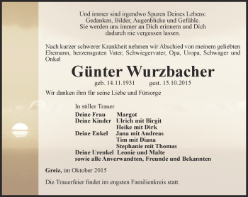 Traueranzeige von Günter Wurzbacher von Ostthüringer Zeitung