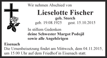 Traueranzeige von Lieselotte Fischer von Thüringer Allgemeine, Thüringische Landeszeitung