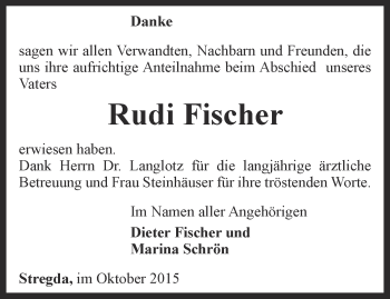 Traueranzeige von Rudi Fischer von Thüringer Allgemeine, Thüringische Landeszeitung