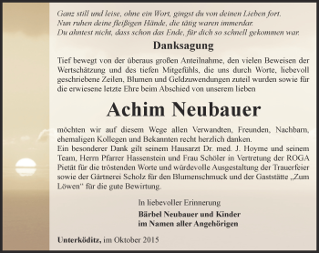 Traueranzeige von Achim Neubauer von Ostthüringer Zeitung