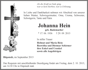 Traueranzeige von Johanna Hein von Thüringer Allgemeine, Thüringische Landeszeitung