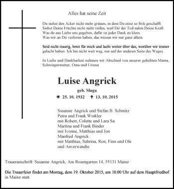 Traueranzeige von Luise Angrick von Ostthüringer Zeitung