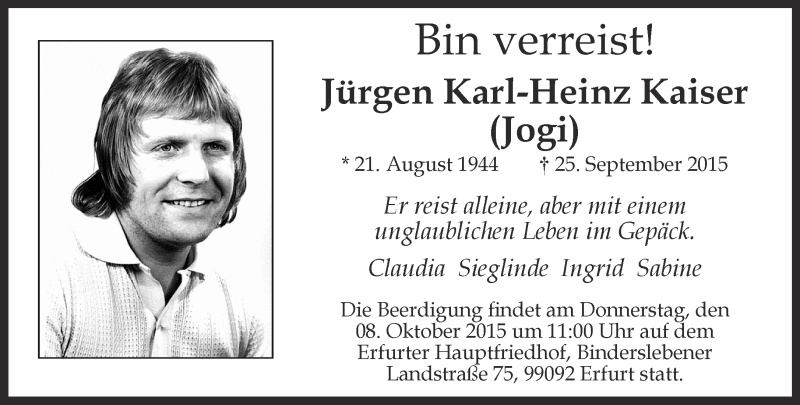  Traueranzeige für Jürgen Karl-Heinz Kaiser vom 06.10.2015 aus Thüringer Allgemeine, Thüringische Landeszeitung
