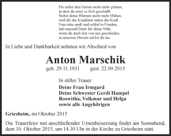 Traueranzeige von Anton Marschik von Thüringer Allgemeine