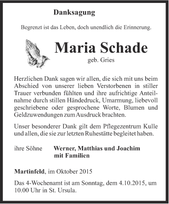 Traueranzeige von Maria Schade von Thüringer Allgemeine