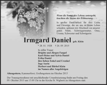 Traueranzeige von Irmgard Daniel von Thüringer Allgemeine, Thüringische Landeszeitung