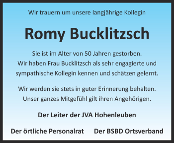 Traueranzeige von Romy Bucklitzsch von Ostthüringer Zeitung