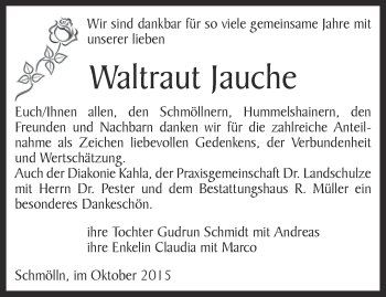 Traueranzeige von Waltraut Jauche von Ostthüringer Zeitung, Thüringische Landeszeitung