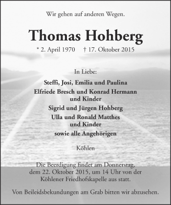 Traueranzeige von Thomas Hohberg von Thüringer Allgemeine