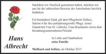 Traueranzeige von Hans Albrecht von Ostthüringer Zeitung