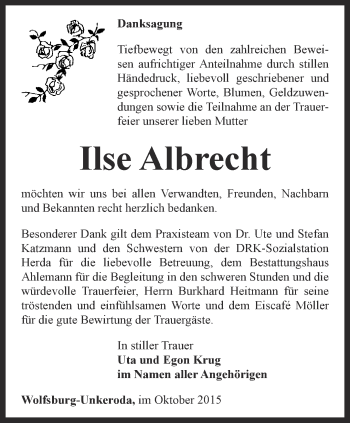 Traueranzeige von Ilse Albrecht von Thüringer Allgemeine, Thüringische Landeszeitung