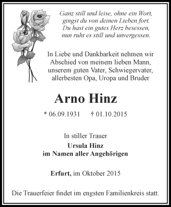 Traueranzeige von Arno Hinz