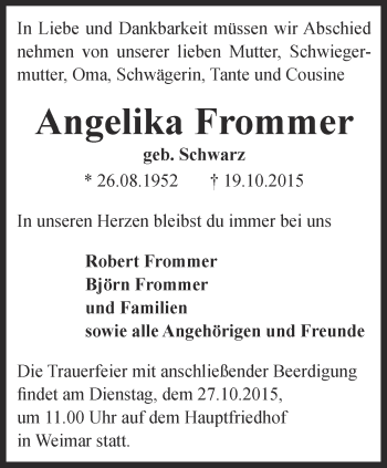 Traueranzeige von Angelika Frommer von Thüringer Allgemeine, Thüringische Landeszeitung