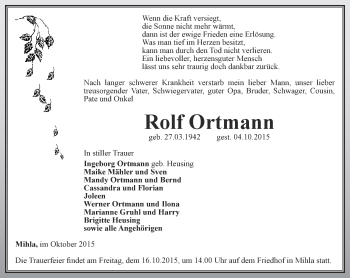 Traueranzeige von Rolf Ortmann von Thüringer Allgemeine, Thüringische Landeszeitung
