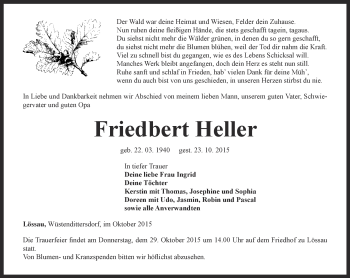 Traueranzeige von Friedbert Heller von Ostthüringer Zeitung