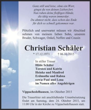 Traueranzeige von Christian Schäler von Thüringer Allgemeine, Thüringische Landeszeitung