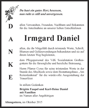 Traueranzeige von Irmgard Daniel von Thüringer Allgemeine, Thüringische Landeszeitung