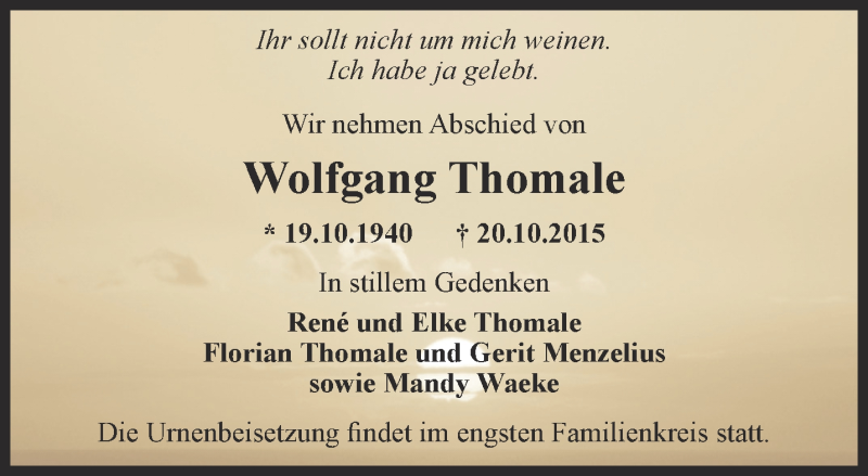  Traueranzeige für Wolfgang Thomale vom 24.10.2015 aus Ostthüringer Zeitung, Thüringische Landeszeitung