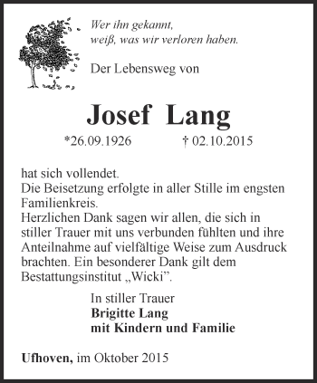 Traueranzeige von Josef Lang von Thüringer Allgemeine, Thüringische Landeszeitung