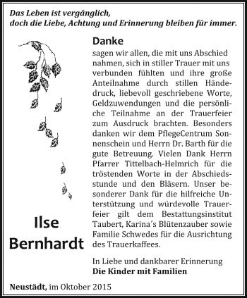 Traueranzeige von Ilse Bernhardt von Thüringer Allgemeine, Thüringische Landeszeitung