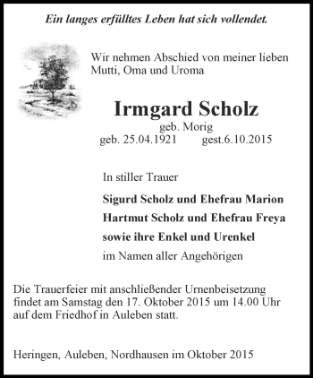 Traueranzeige von Irmgard Scholz von Thüringer Allgemeine