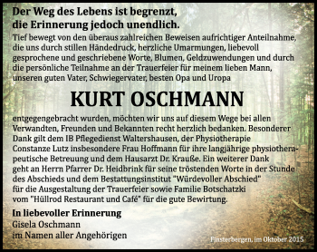 Traueranzeige von Kurt Oschmann von Ostthüringer Zeitung, Thüringische Landeszeitung