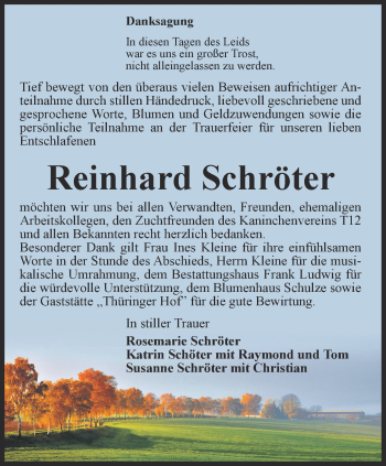 Traueranzeige von Reinhard Schröter von Ostthüringer Zeitung