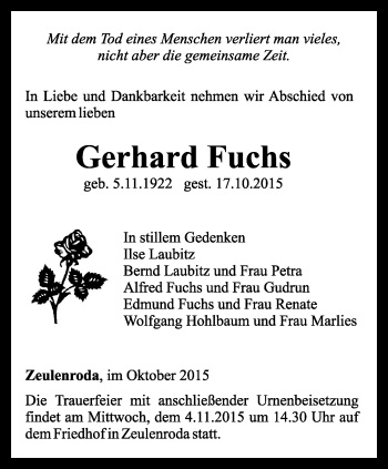 Traueranzeige von Gerhard Fuchs von Ostthüringer Zeitung