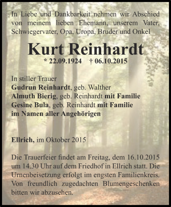 Traueranzeige von Kurt Reinhardt von Thüringer Allgemeine