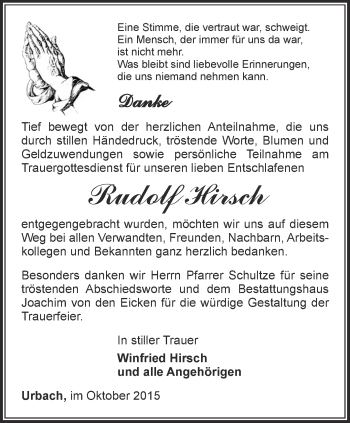 Traueranzeige von Rudolf Hirsch von Thüringer Allgemeine, Thüringische Landeszeitung
