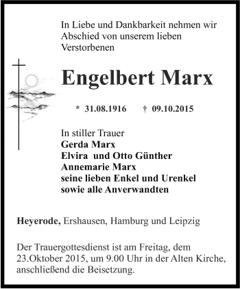 Traueranzeige von Engelbert Marx von Thüringer Allgemeine, Thüringische Landeszeitung