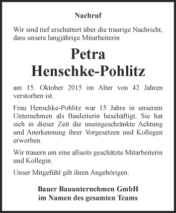 Traueranzeige von Petra Henschke-Pohlitz von Ostthüringer Zeitung, Thüringische Landeszeitung