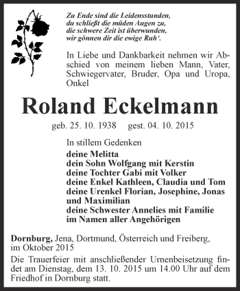 Traueranzeige von Roland Eckelmann von Ostthüringer Zeitung, Thüringische Landeszeitung