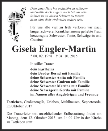 Traueranzeige von Gisela Engler-Martin von Thüringer Allgemeine, Thüringische Landeszeitung