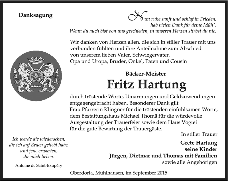  Traueranzeige für Fritz Hartung vom 02.10.2015 aus Thüringer Allgemeine, Thüringische Landeszeitung