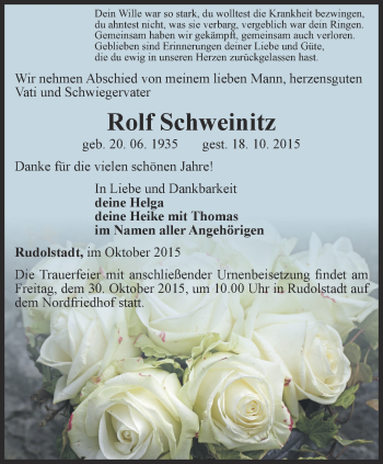 Traueranzeige von Rolf Schweinitz von Ostthüringer Zeitung