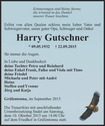 Traueranzeige von Harry Gutschner von Thüringer Allgemeine, Thüringische Landeszeitung