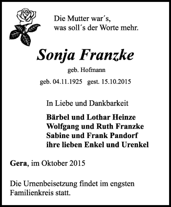Traueranzeige von Sonja Franzke von Ostthüringer Zeitung