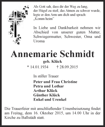 Traueranzeige von Annemarie Schmidt von Ostthüringer Zeitung, Thüringische Landeszeitung